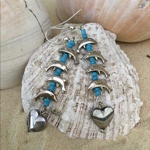 Summer Sale🌺 Dolphins Heart Charms Earrings.  Jumping Dolphins